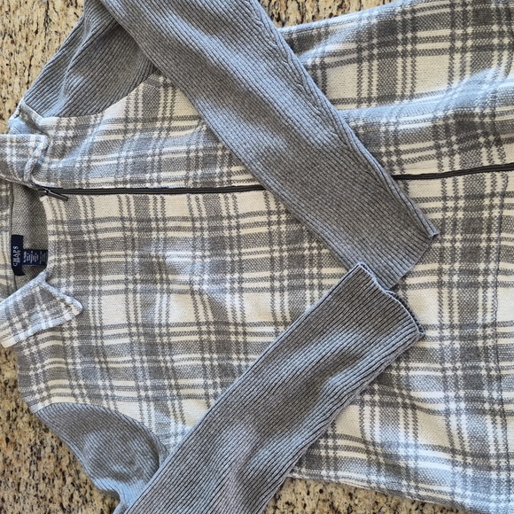 Chaps Gray and White Plaid Zip Up Sweater Jacket Sz Large & X Large - Picture 3 of 16